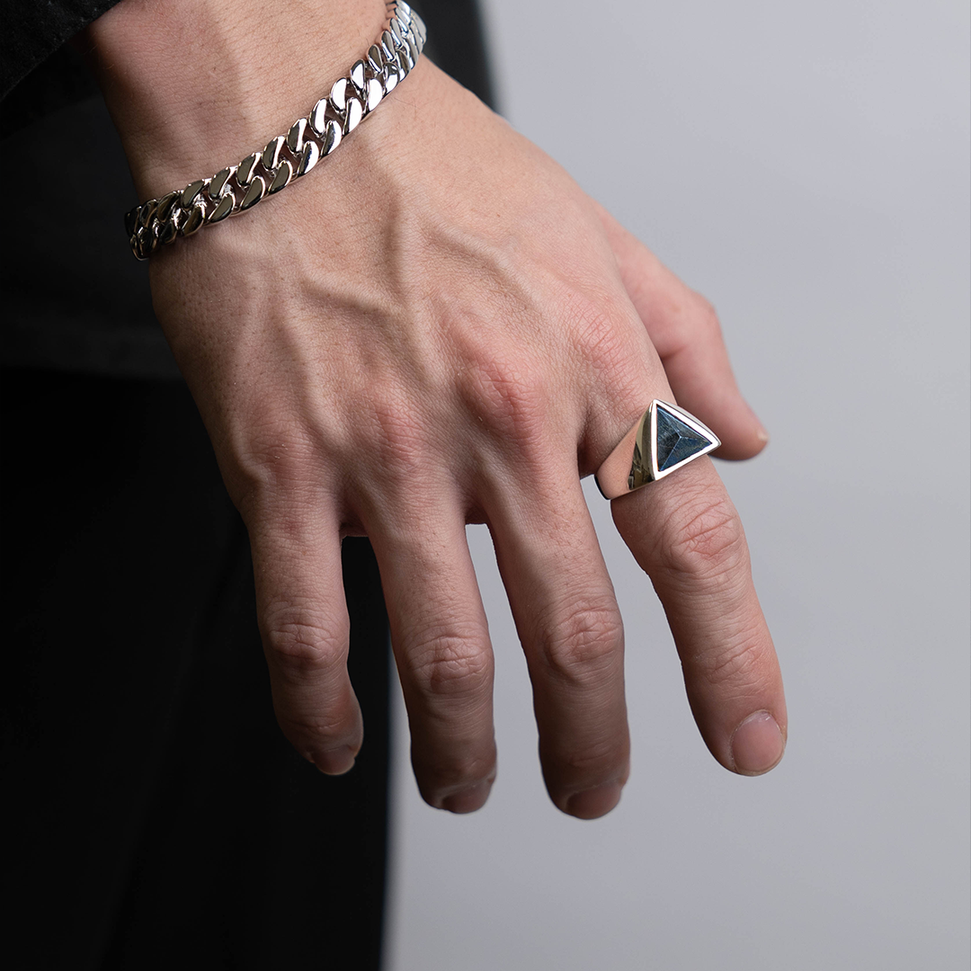 Blue Tiger Eye Triangle ring – HASH. Blue Tiger Eye Triangle ring – HASH.