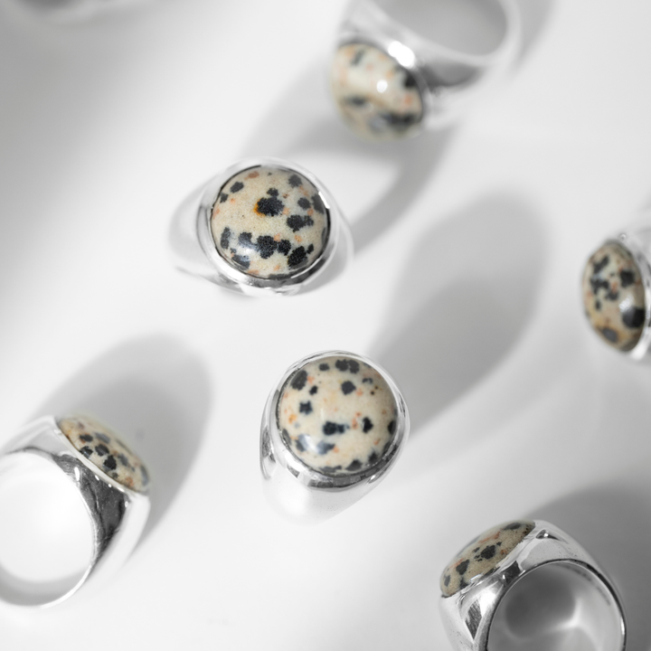 Dalmatian Jasper Round Cabochon Ring