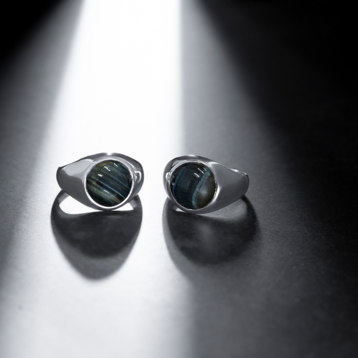 Blue Tiger Eye Round Cabochon Ring