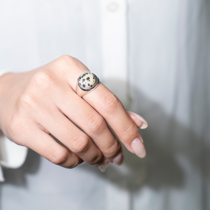 Dalmatian Jasper Round Cabochon Ring