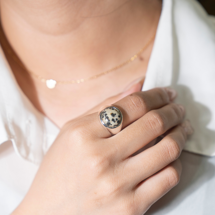 Dalmatian Jasper Round Cabochon Ring