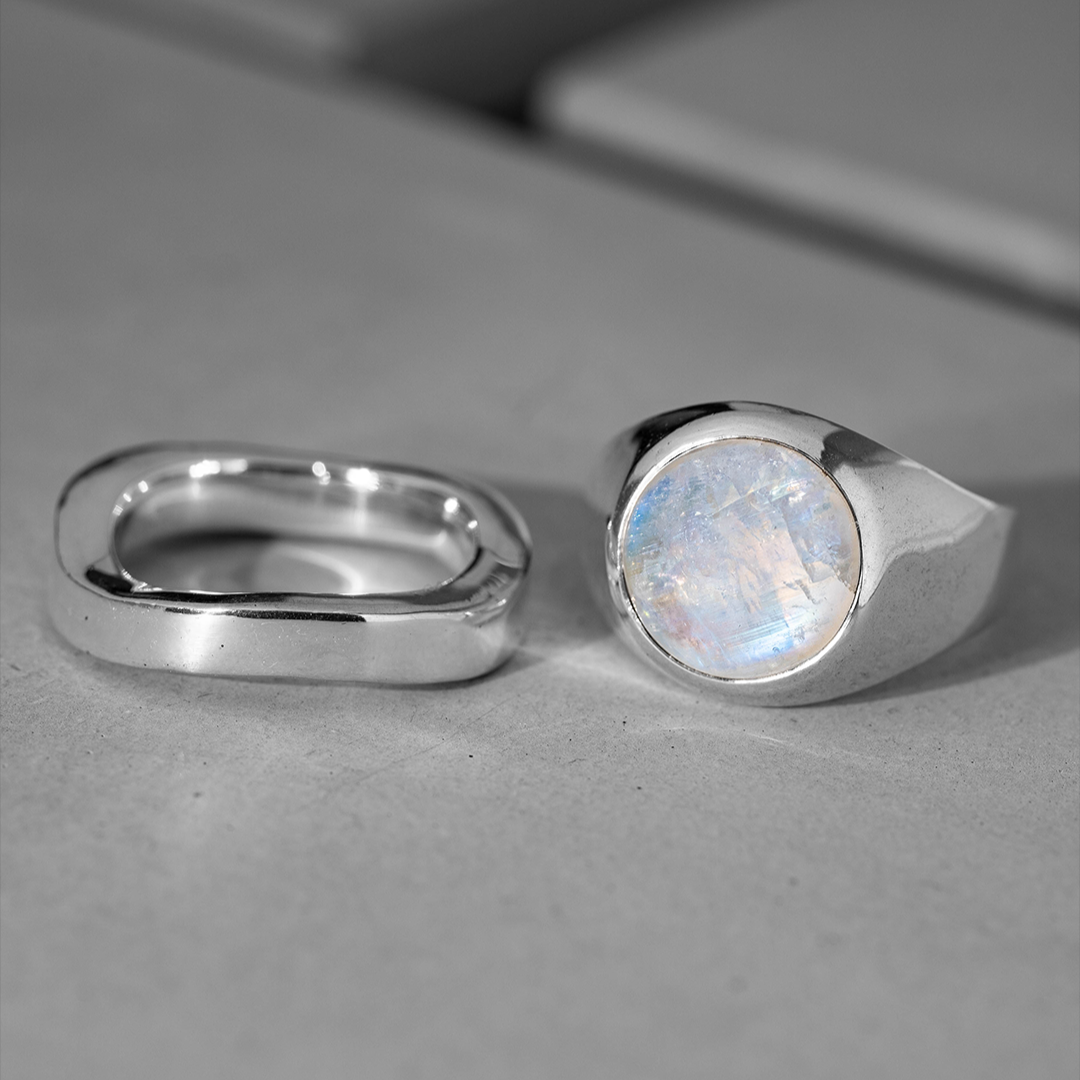 Rainbow Moonstone  Round Cabochon ring