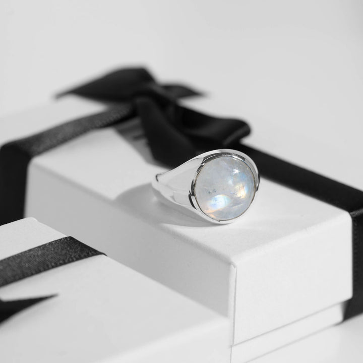 Rainbow Moonstone  Round Cabochon ring